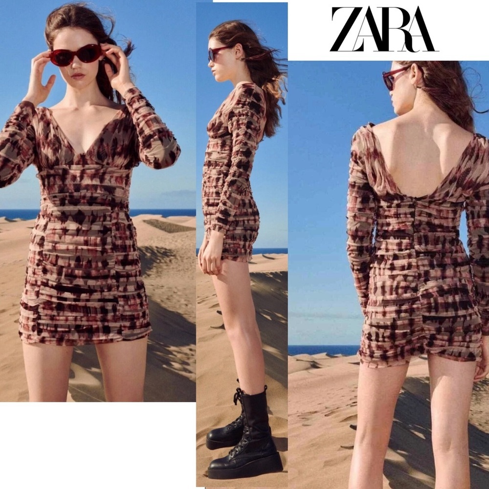 Zara pink brown tulle draped long sleeve V-neck mini dress tie-dye abstract Sz S